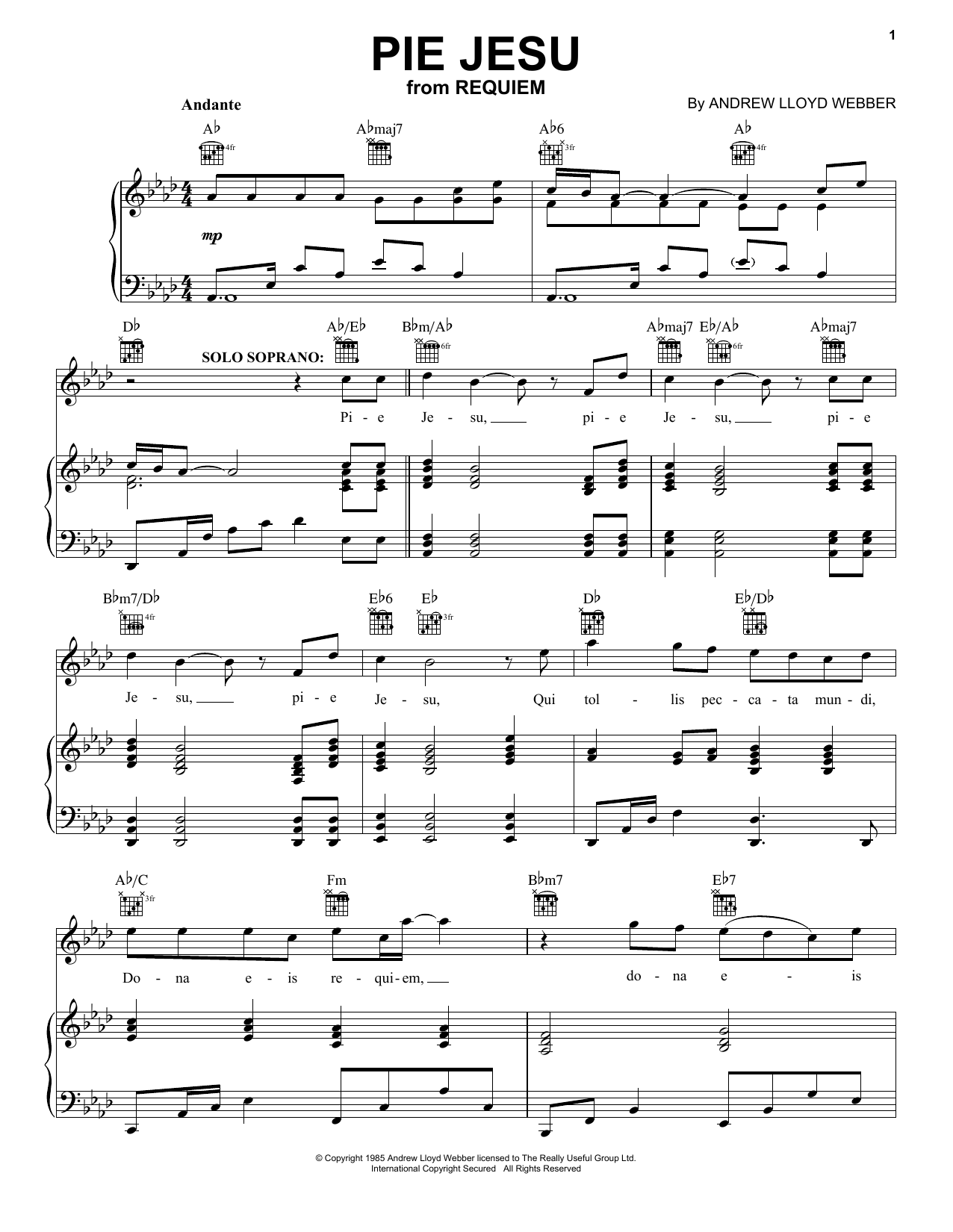 Download Andrew Lloyd Webber Pie Jesu (from Requiem) sheet music and printable PDF score & Classical music notes