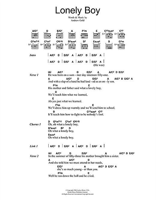 Download Andrew Gold Lonely Boy sheet music and printable PDF score & Pop music notes