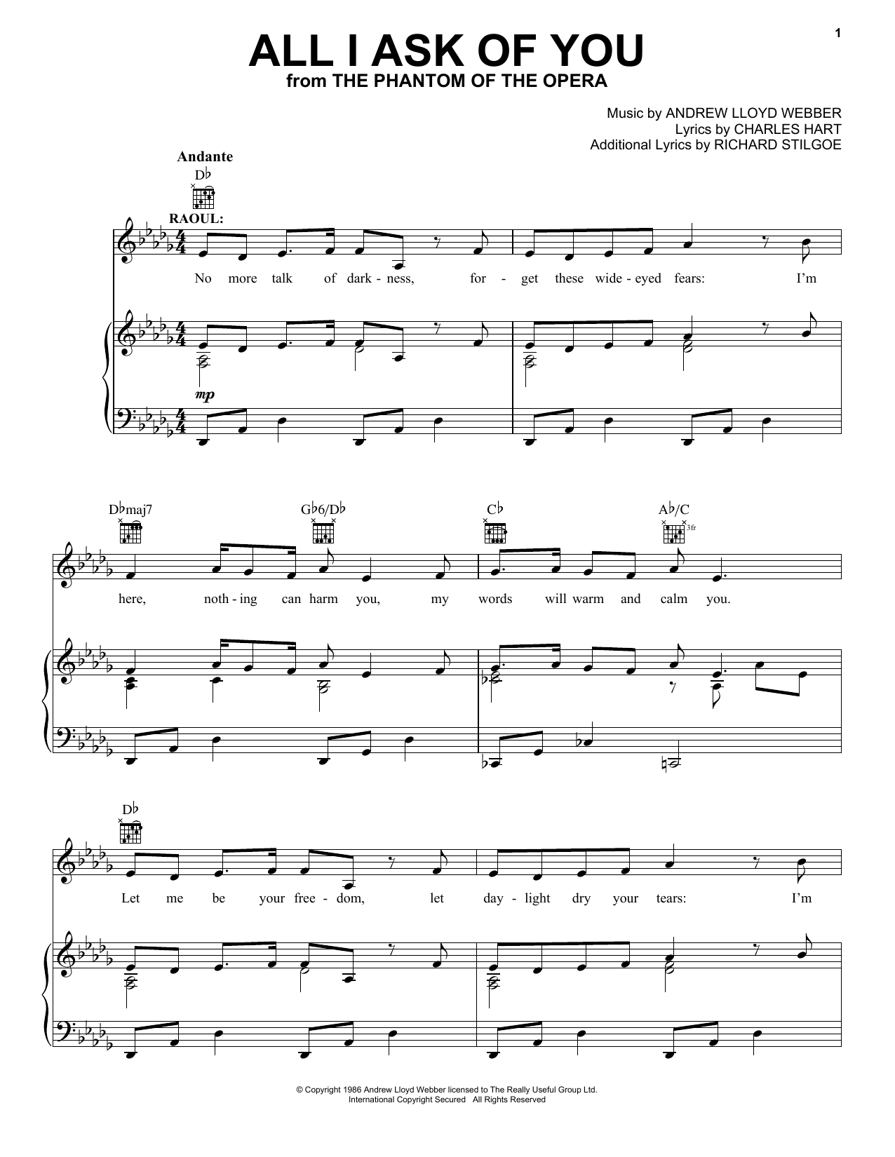 Download Andrew Lloyd Webber All I Ask Of You (from The Phantom Of The Opera) sheet music and printable PDF score & Musicals music notes
