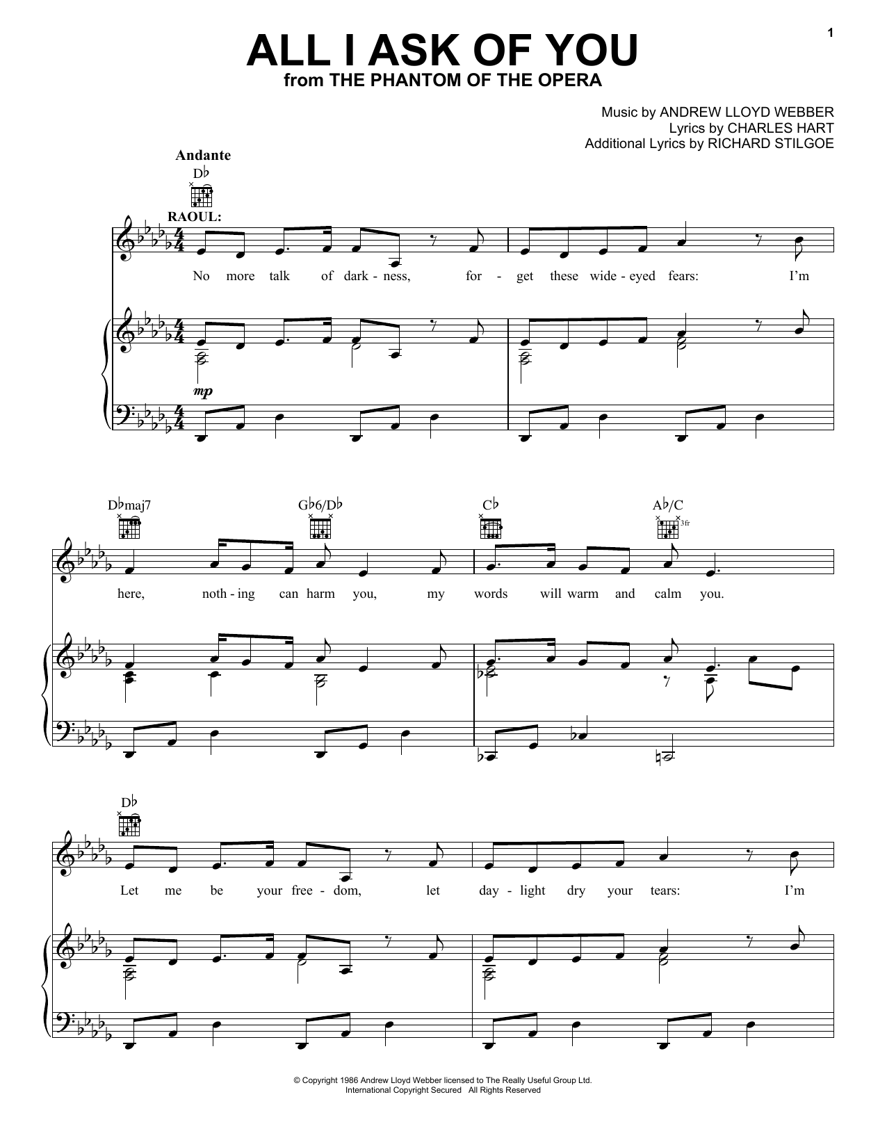 All I Ask Of You From The Phantom Of The Opera Sheet Music Notes