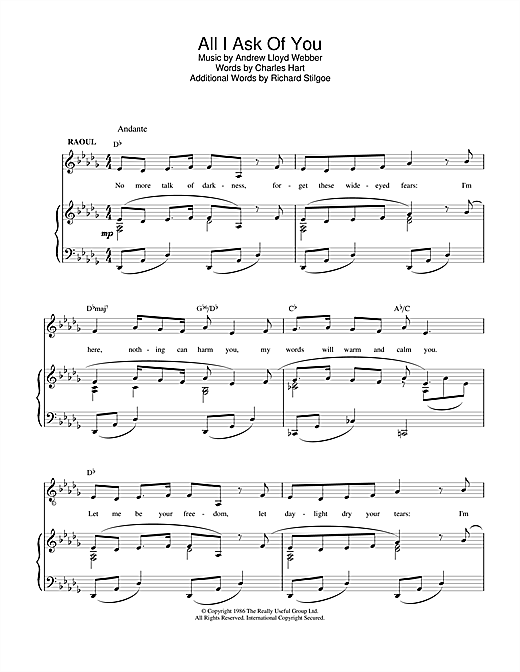 Preview Andrew Lloyd Webber All I Ask Of You (from The Phantom Of The Opera) Film and TV sheet music, notes and chords for Piano, Vocal & Guitar (Right-Hand Melody), SKU: 21369 sheet music, piano notes, chords, guitar tabs, score, transpose, transcribe, how to play, guide, download, learn, tutorial, progression, song, artist, awards, billboard, mtv, vh1, tour, single, album, release
