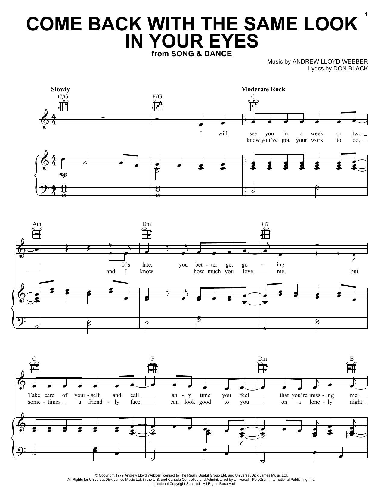 Download Andrew Lloyd Webber Come Back With The Same Look In Your Eyes sheet music and printable PDF score & Musicals music notes