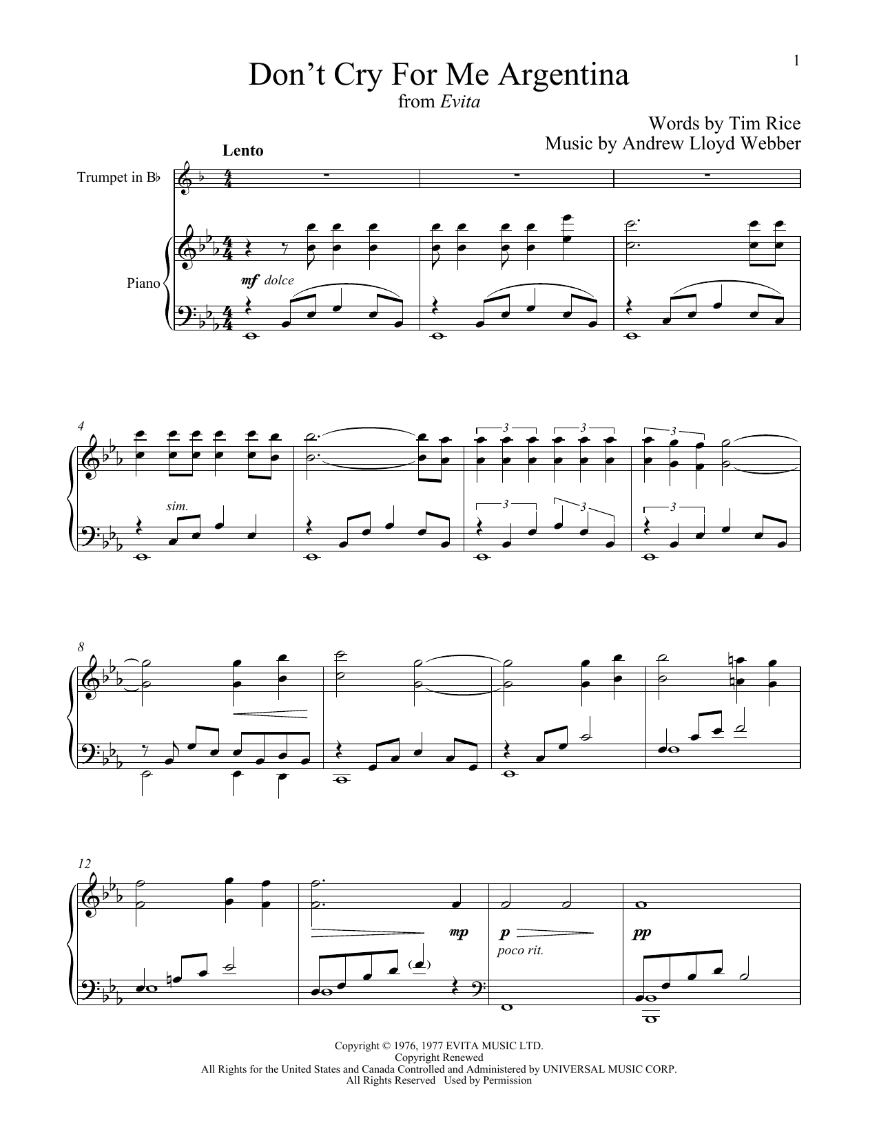 Andrew Lloyd Webber Don T Cry For Me Argentina From Evita Sheet Music Notes Printable Broadway Score Trumpet And Piano Pdf Download 408335