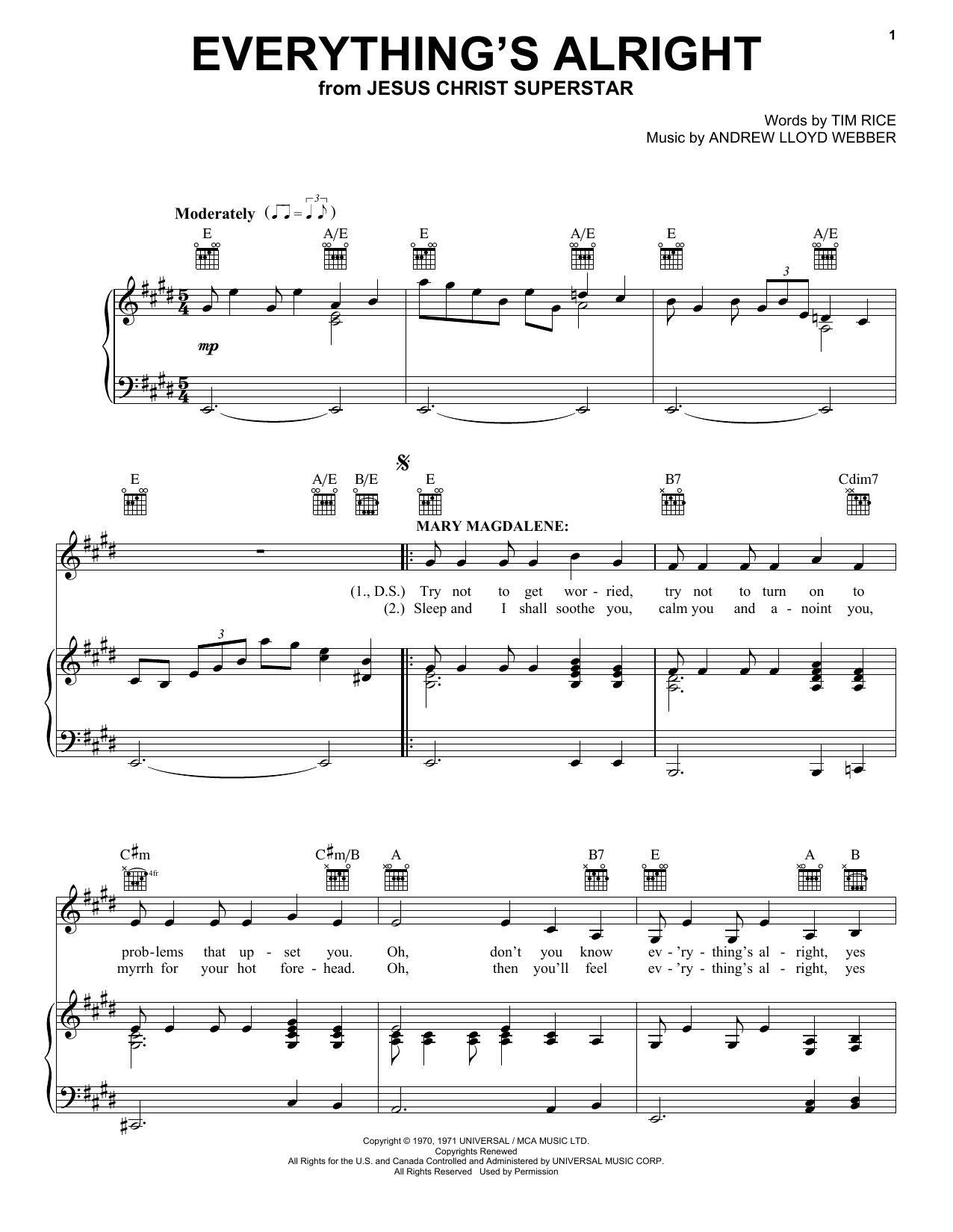 Preview Andrew Lloyd Webber Everything's Alright Pop sheet music, notes and chords for Piano, Vocal & Guitar (Right-Hand Melody), SKU: 51740 sheet music, piano notes, chords, guitar tabs, score, transpose, transcribe, how to play, guide, download, learn, tutorial, progression, song, artist, awards, billboard, mtv, vh1, tour, single, album, release