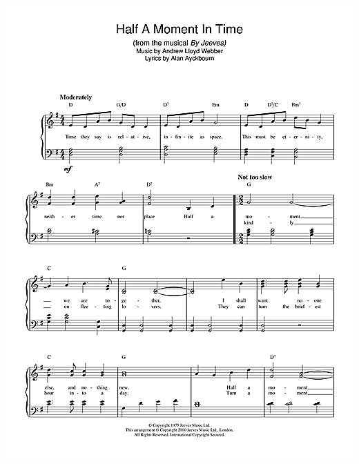 Preview Andrew Lloyd Webber Half A Moment In Time Musicals sheet music, notes and chords for Piano, SKU: 18376 sheet music, piano notes, chords, guitar tabs, score, transpose, transcribe, how to play, guide, download, learn, tutorial, progression, song, artist, awards, billboard, mtv, vh1, tour, single, album, release