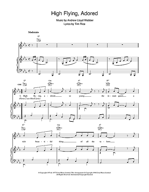 Preview Andrew Lloyd Webber High Flying, Adored (from Evita) Broadway sheet music, notes and chords for Trumpet Solo, SKU: 411159 sheet music, piano notes, chords, guitar tabs, score, transpose, transcribe, how to play, guide, download, learn, tutorial, progression, song, artist, awards, billboard, mtv, vh1, tour, single, album, release