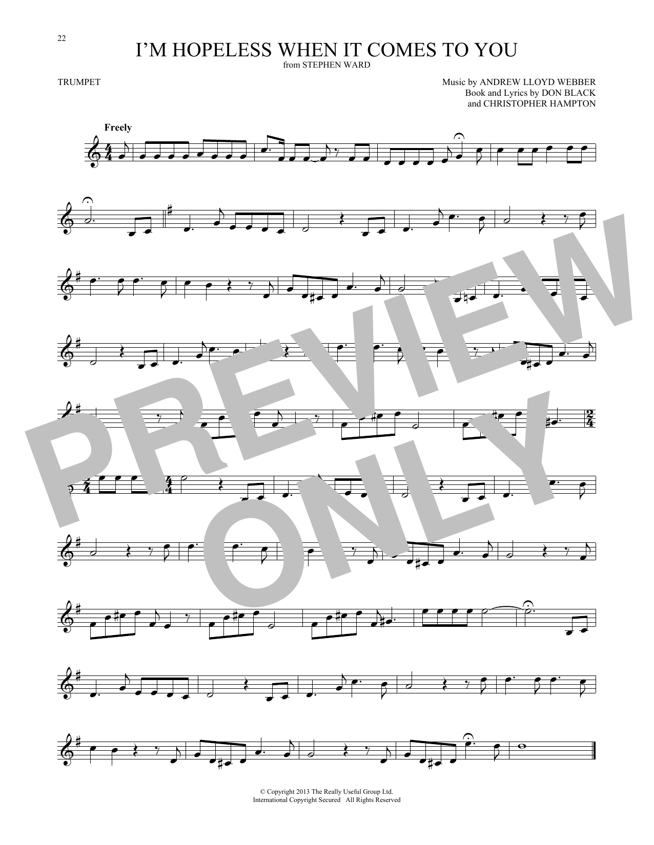 Preview Andrew Lloyd Webber I'm Hopeless When It Comes To You (from Stephen Ward) Broadway sheet music, notes and chords for Trumpet Solo, SKU: 418932 sheet music, piano notes, chords, guitar tabs, score, transpose, transcribe, how to play, guide, download, learn, tutorial, progression, song, artist, awards, billboard, mtv, vh1, tour, single, album, release