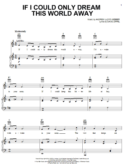 Preview Andrew Lloyd Webber If I Could Only Dream This World Away (from The Woman In White) Musicals sheet music, notes and chords for Piano, Vocal & Guitar, SKU: 32076 Download Andrew Lloyd Webber If I Could Only Dream This World Away (from The Woman In White) sheet music and printable PDF score & Musicals music notes