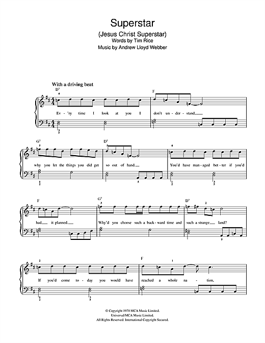 Preview Andrew Lloyd Webber Jesus Christ, Superstar Musicals sheet music, notes and chords for Beginner Piano, SKU: 32213 Download Andrew Lloyd Webber Jesus Christ, Superstar sheet music and printable PDF score & Musicals music notes