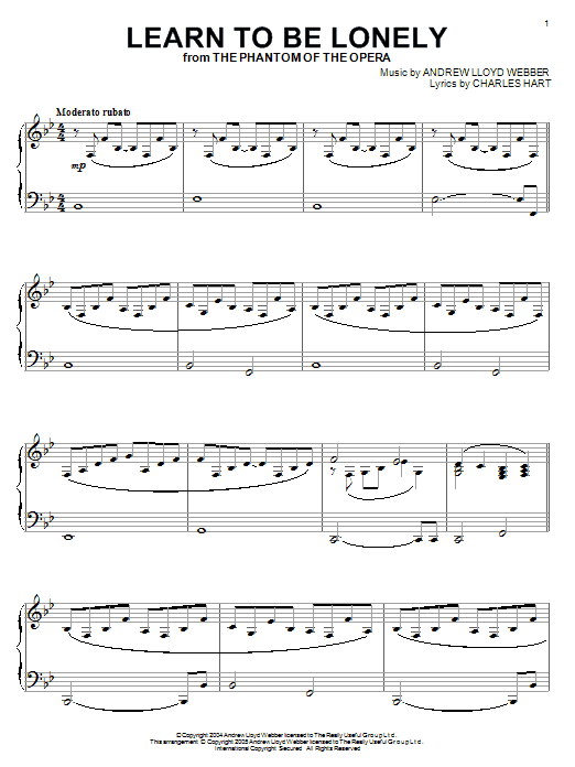 Preview Andrew Lloyd Webber Learn To Be Lonely (from The Phantom Of The Opera) Musicals sheet music, notes and chords for Piano, Vocal & Guitar (Right-Hand Melody), SKU: 32297 Download Andrew Lloyd Webber Learn To Be Lonely (from The Phantom Of The Opera) sheet music and printable PDF score & Musicals music notes