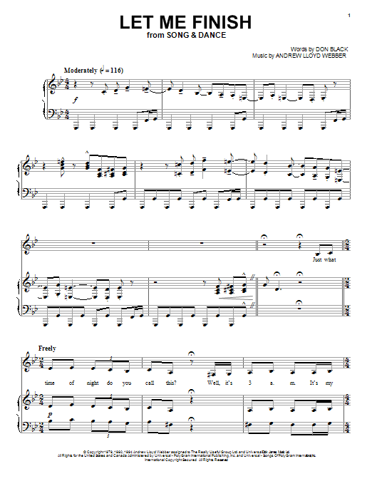 Preview Andrew Lloyd Webber Let Me Finish Broadway sheet music, notes and chords for Piano & Vocal, SKU: 70070 Download Andrew Lloyd Webber Let Me Finish sheet music and printable PDF score & Broadway music notes