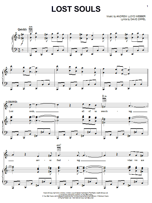 Preview Andrew Lloyd Webber Lost Souls (from The Woman In White) Musicals sheet music, notes and chords for Piano, Vocal & Guitar (Right-Hand Melody), SKU: 32077 Download Andrew Lloyd Webber Lost Souls (from The Woman In White) sheet music and printable PDF score & Musicals music notes