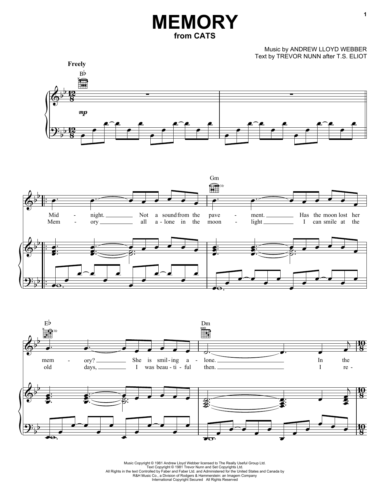 Andrew Lloyd Webber Memory From Cats Sheet Music Notes