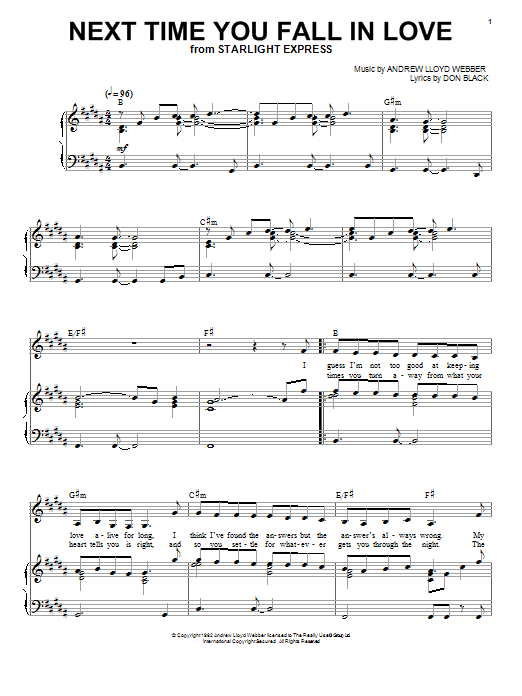 Preview Andrew Lloyd Webber Next Time You Fall In Love (from Starlight Express) Musicals sheet music, notes and chords for Piano, SKU: 18374 Download Andrew Lloyd Webber Next Time You Fall In Love (from Starlight Express) sheet music and printable PDF score & Musicals music notes