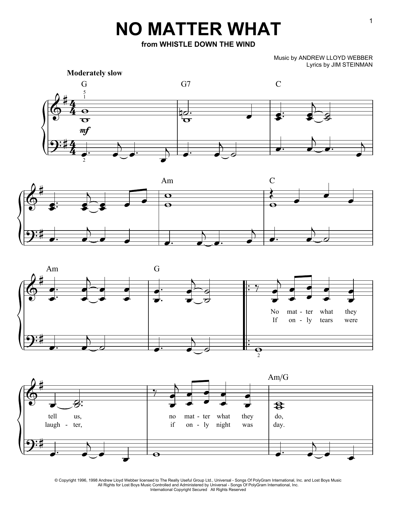 Download Andrew Lloyd Webber No Matter What (from Whistle Down The Wind) sheet music and printable PDF score & Musicals music notes
