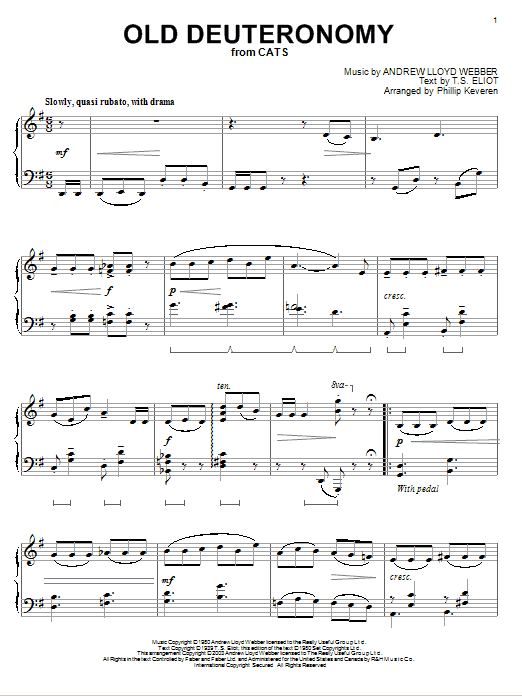 Preview Andrew Lloyd Webber Old Deuteronomy (from Cats) (arr. Phillip Keveren) Broadway sheet music, notes and chords for Piano, SKU: 189601 sheet music, piano notes, chords, guitar tabs, score, transpose, transcribe, how to play, guide, download, learn, tutorial, progression, song, artist, awards, billboard, mtv, vh1, tour, single, album, release