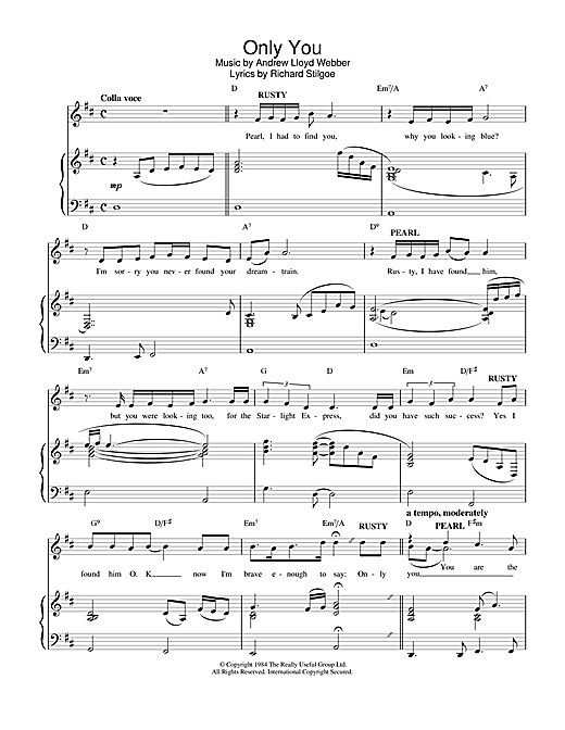 Preview Andrew Lloyd Webber Only You (from Starlight Express) Musicals sheet music, notes and chords for Piano, Vocal & Guitar, SKU: 13836 sheet music, piano notes, chords, guitar tabs, score, transpose, transcribe, how to play, guide, download, learn, tutorial, progression, song, artist, awards, billboard, mtv, vh1, tour, single, album, release