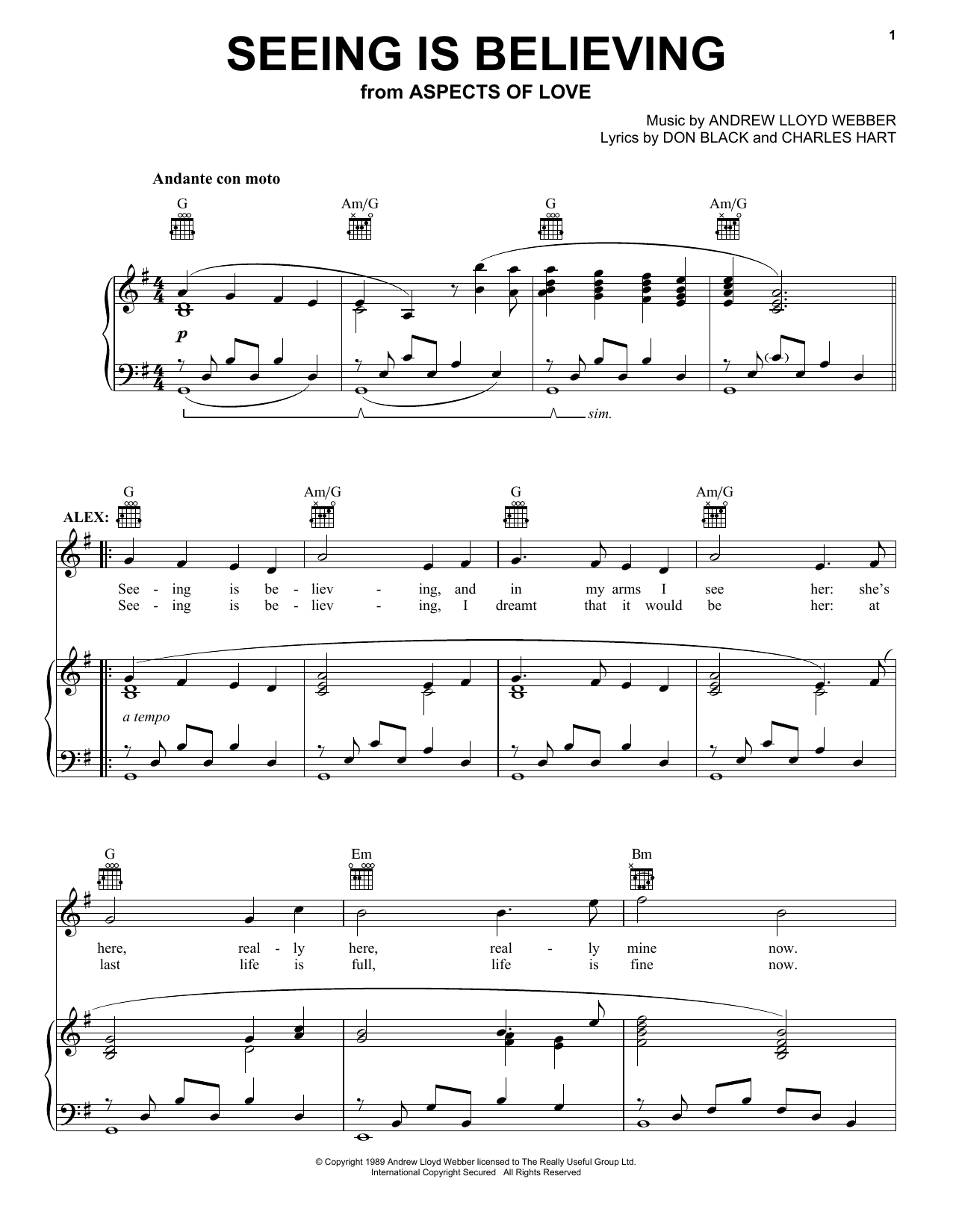 Preview Andrew Lloyd Webber Seeing Is Believing (from Aspects of Love) Musicals sheet music, notes and chords for Piano, Vocal & Guitar (Right-Hand Melody), SKU: 13851 sheet music, piano notes, chords, guitar tabs, score, transpose, transcribe, how to play, guide, download, learn, tutorial, progression, song, artist, awards, billboard, mtv, vh1, tour, single, album, release
