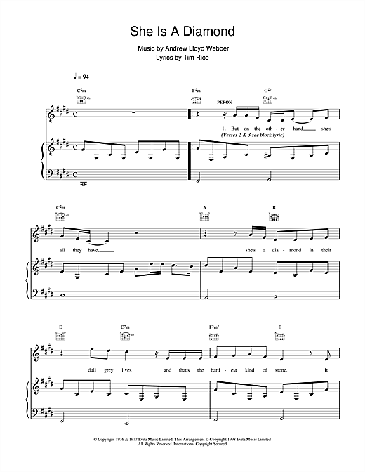 Preview Andrew Lloyd Webber She Is A Diamond Musicals sheet music, notes and chords for Piano, Vocal & Guitar, SKU: 17574 sheet music, piano notes, chords, guitar tabs, score, transpose, transcribe, how to play, guide, download, learn, tutorial, progression, song, artist, awards, billboard, mtv, vh1, tour, single, album, release