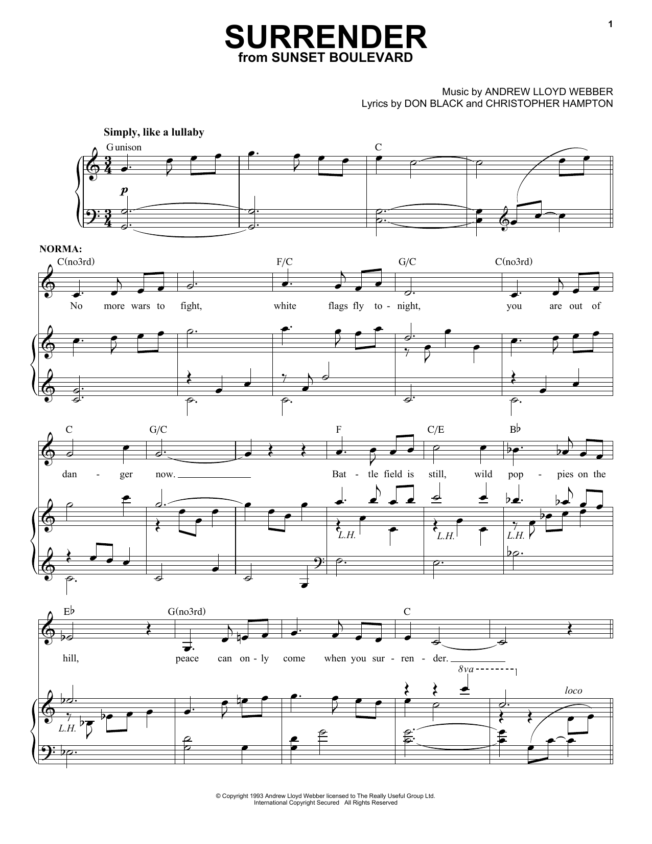 Preview Andrew Lloyd Webber Surrender Broadway sheet music, notes and chords for Piano & Vocal, SKU: 70067 Download Andrew Lloyd Webber Surrender sheet music and printable PDF score & Broadway music notes