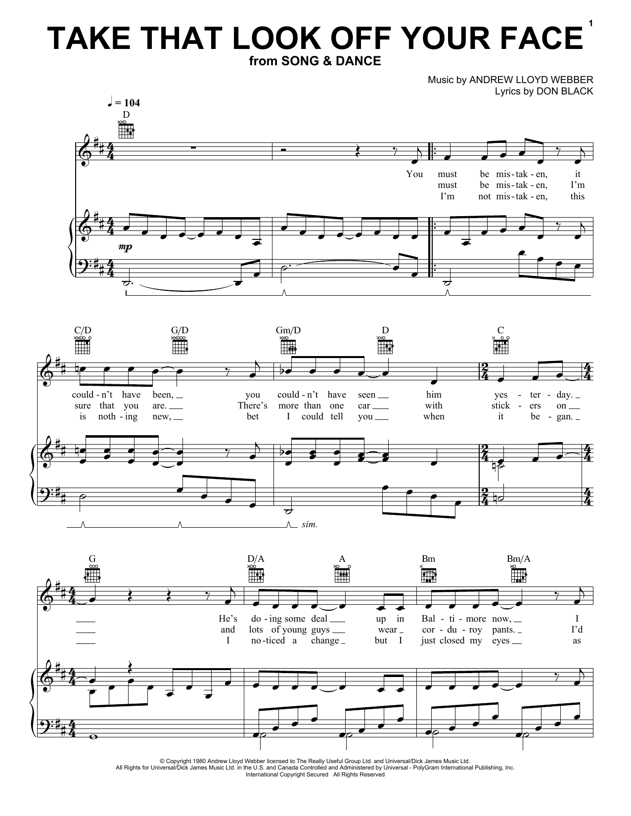Download Andrew Lloyd Webber Take That Look Off Your Face (from Tell Me on a Sunday) sheet music and printable PDF score & Musicals music notes