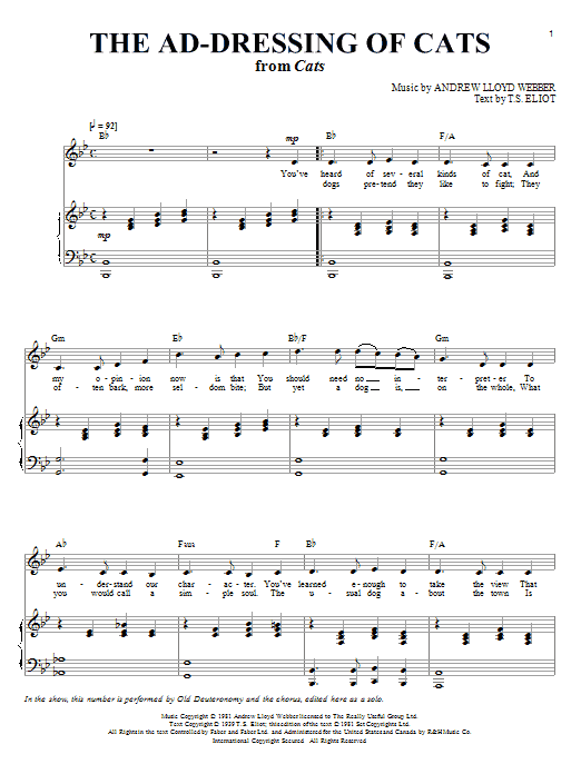 Preview Andrew Lloyd Webber The Ad-Dressing Of Cats (from Cats) Broadway sheet music, notes and chords for Piano, Vocal & Guitar (Right-Hand Melody), SKU: 70097 Download Andrew Lloyd Webber The Ad-Dressing Of Cats (from Cats) sheet music and printable PDF score & Broadway music notes