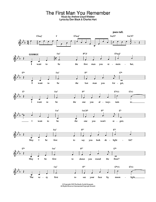 Preview Andrew Lloyd Webber The First Man You Remember (from Aspects Of Love) Musicals sheet music, notes and chords for Melody Line, Lyrics & Chords, SKU: 25177 Download Andrew Lloyd Webber The First Man You Remember (from Aspects Of Love) sheet music and printable PDF score & Musicals music notes