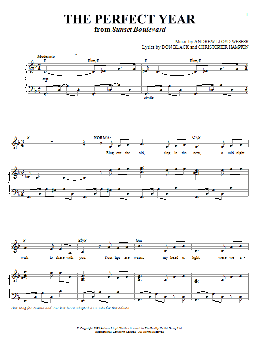 Preview Andrew Lloyd Webber The Perfect Year (from Sunset Boulevard) Broadway sheet music, notes and chords for Piano, Vocal & Guitar (Right-Hand Melody), SKU: 70072 Download Andrew Lloyd Webber The Perfect Year (from Sunset Boulevard) sheet music and printable PDF score & Broadway music notes