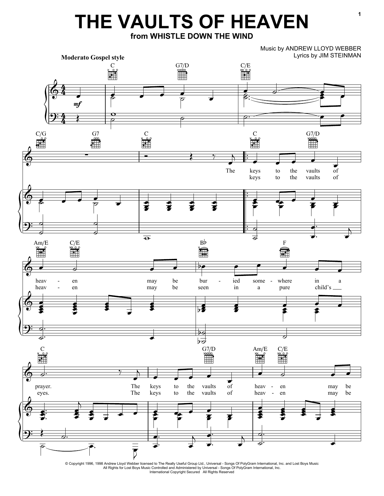 Preview Andrew Lloyd Webber The Vaults Of Heaven Musicals sheet music, notes and chords for Piano, Vocal & Guitar (Right-Hand Melody), SKU: 21370 sheet music, piano notes, chords, guitar tabs, score, transpose, transcribe, how to play, guide, download, learn, tutorial, progression, song, artist, awards, billboard, mtv, vh1, tour, single, album, release