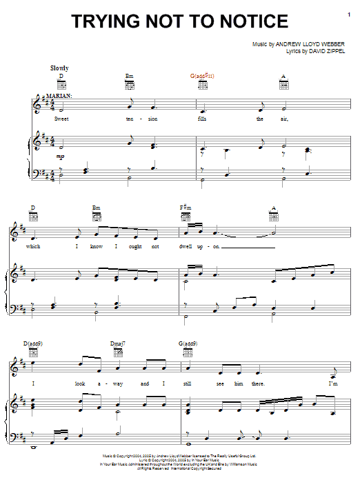 Preview Andrew Lloyd Webber Trying Not To Notice (from The Woman In White) Musicals sheet music, notes and chords for Piano, Vocal & Guitar, SKU: 32079 Download Andrew Lloyd Webber Trying Not To Notice (from The Woman In White) sheet music and printable PDF score & Musicals music notes