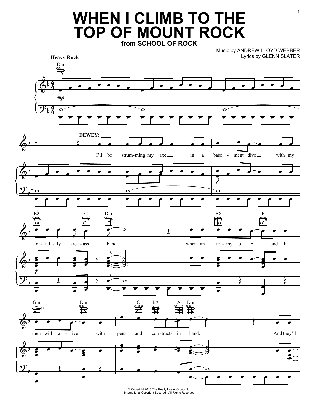Preview Andrew Lloyd Webber When I Climb To The Top Of Mount Rock (from School of Rock: The Musical) Broadway sheet music, notes and chords for Piano & Vocal, SKU: 255228 sheet music, piano notes, chords, guitar tabs, score, transpose, transcribe, how to play, guide, download, learn, tutorial, progression, song, artist, awards, billboard, mtv, vh1, tour, single, album, release