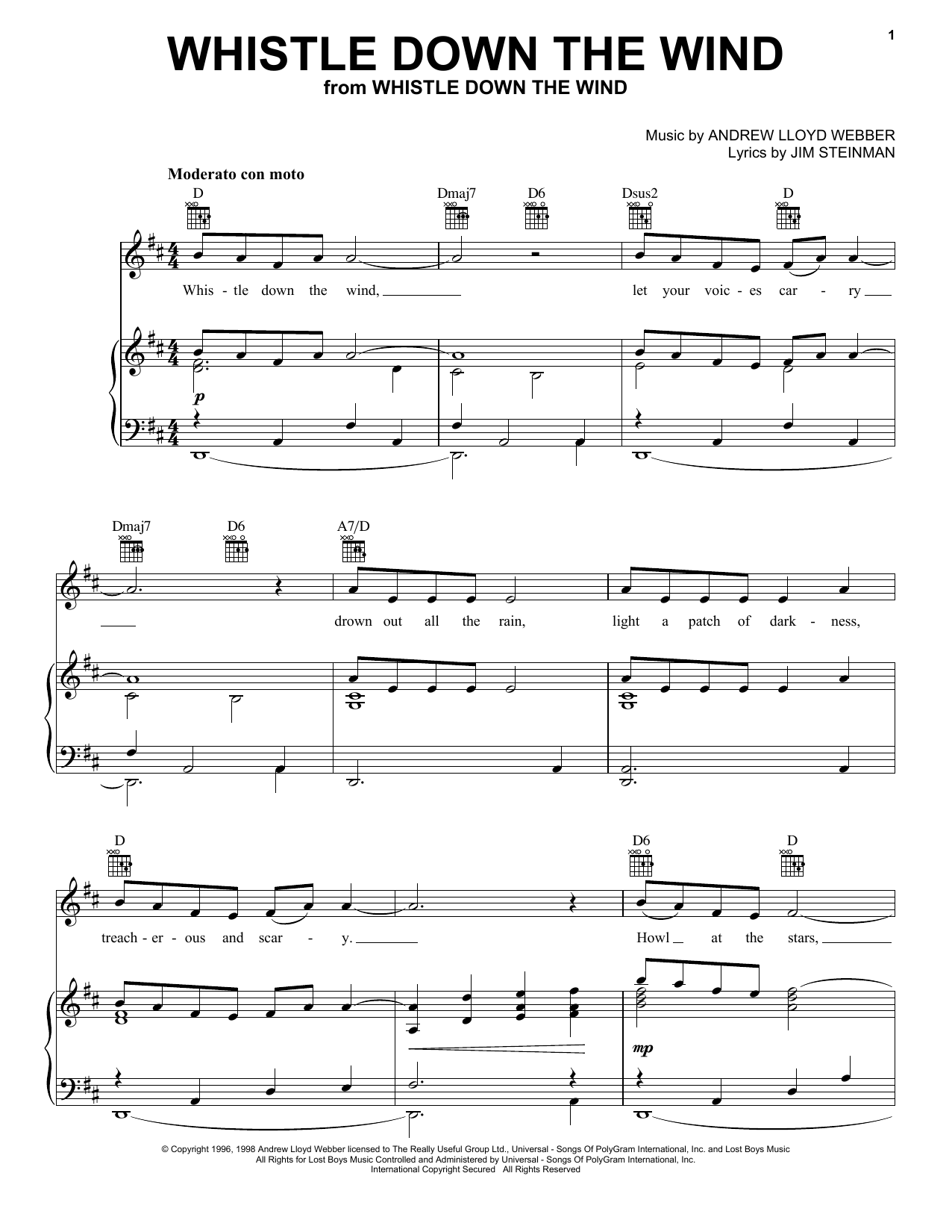 Preview Andrew Lloyd Webber Whistle Down The Wind Musicals sheet music, notes and chords for Piano, Vocal & Guitar, SKU: 15590 sheet music, piano notes, chords, guitar tabs, score, transpose, transcribe, how to play, guide, download, learn, tutorial, progression, song, artist, awards, billboard, mtv, vh1, tour, single, album, release