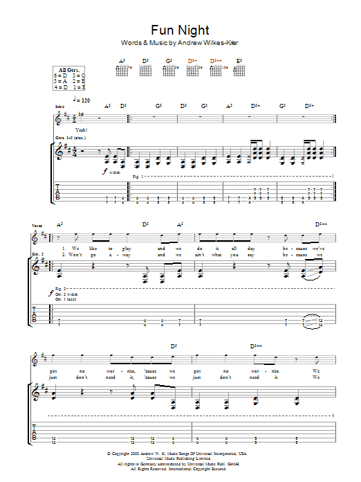 Preview Andrew WK Fun Night Rock sheet music, notes and chords for Guitar Tab, SKU: 48434 Download Andrew WK Fun Night sheet music and printable PDF score & Rock music notes