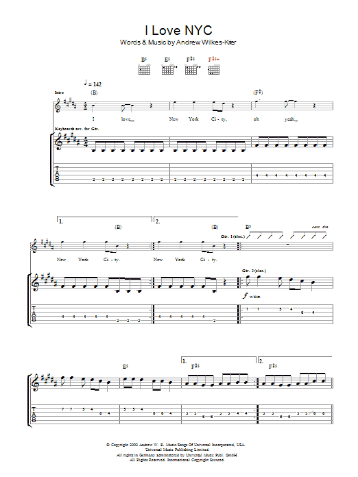Preview Andrew WK I Love NYC Rock sheet music, notes and chords for Guitar Tab, SKU: 48436 Download Andrew WK I Love NYC sheet music and printable PDF score & Rock music notes