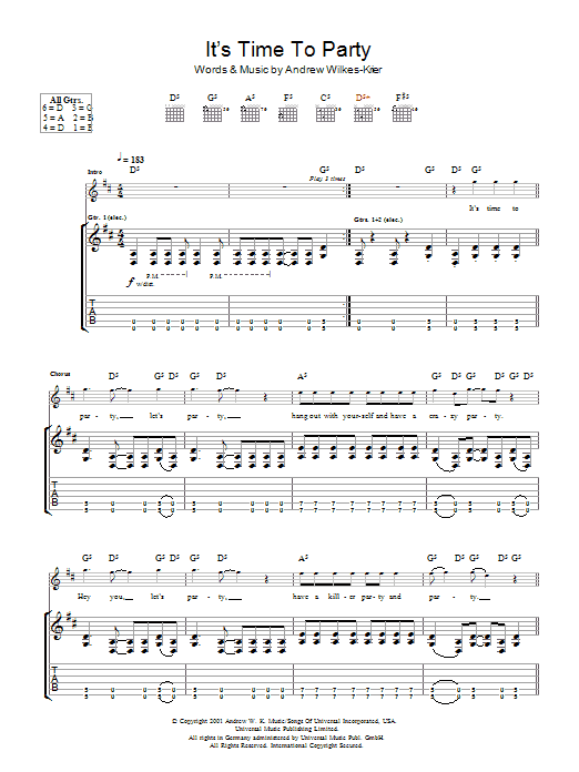 Preview Andrew WK It's Time To Party Rock sheet music, notes and chords for Guitar Tab, SKU: 48437 Download Andrew WK It's Time To Party sheet music and printable PDF score & Rock music notes