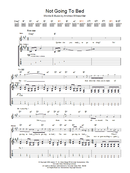 Preview Andrew WK Not Going To Bed Rock sheet music, notes and chords for Guitar Tab, SKU: 48440 Download Andrew WK Not Going To Bed sheet music and printable PDF score & Rock music notes