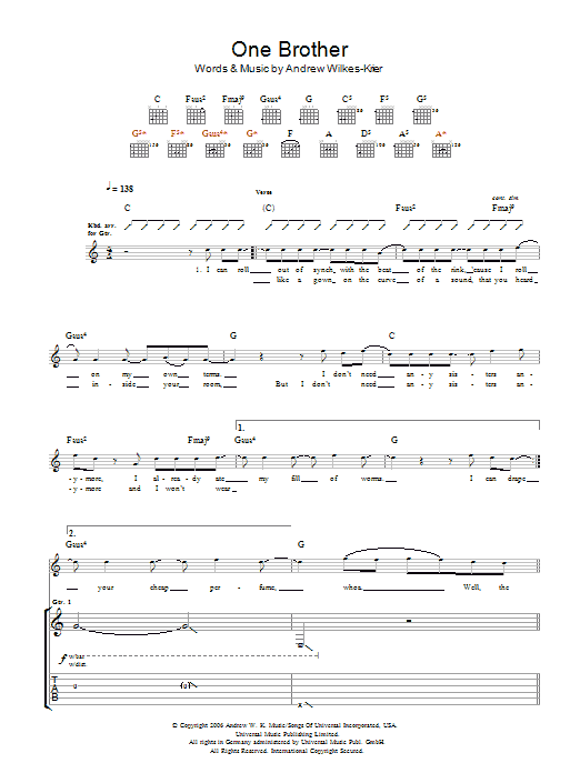 Preview Andrew WK One Brother Rock sheet music, notes and chords for Guitar Tab, SKU: 48441 Download Andrew WK One Brother sheet music and printable PDF score & Rock music notes