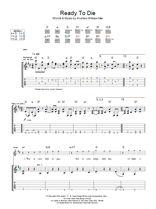 Preview Andrew WK Ready To Die Rock sheet music, notes and chords for Guitar Tab, SKU: 48456 Download Andrew WK Ready To Die sheet music and printable PDF score & Rock music notes