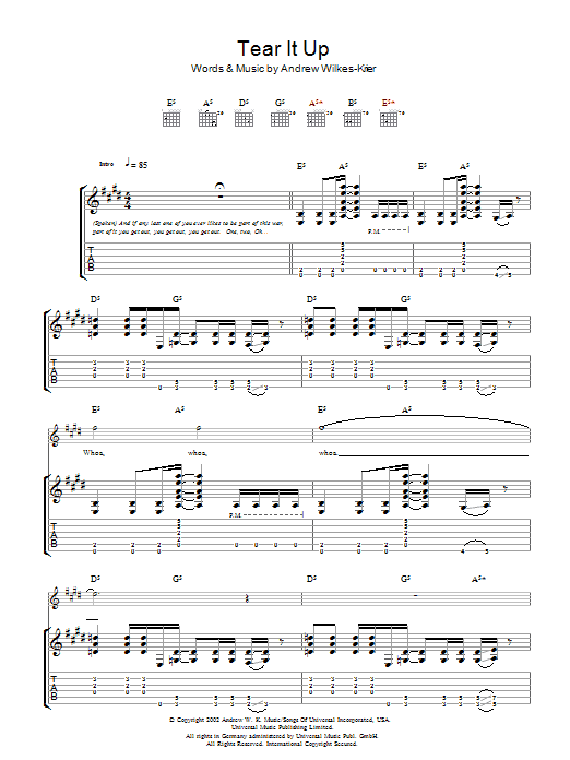Preview Andrew WK Tear It Up Rock sheet music, notes and chords for Guitar Tab, SKU: 48458 Download Andrew WK Tear It Up sheet music and printable PDF score & Rock music notes