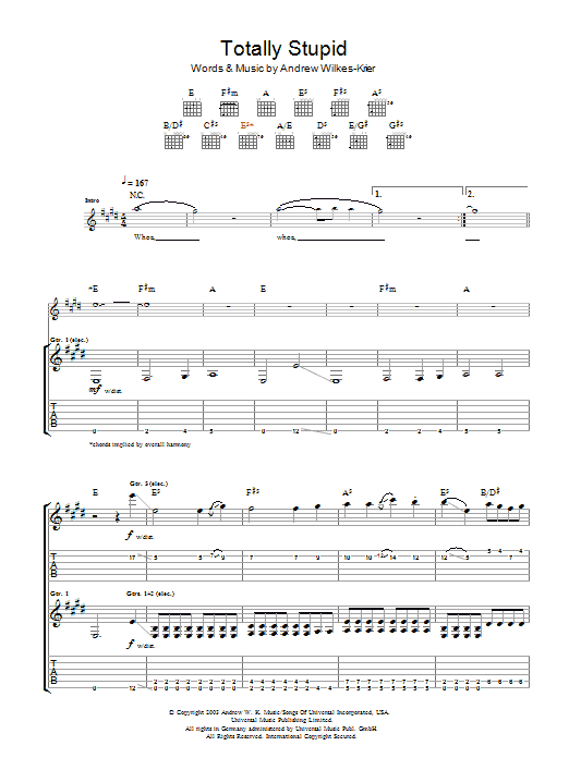 Preview Andrew WK Totally Stupid Rock sheet music, notes and chords for Guitar Tab, SKU: 48460 Download Andrew WK Totally Stupid sheet music and printable PDF score & Rock music notes