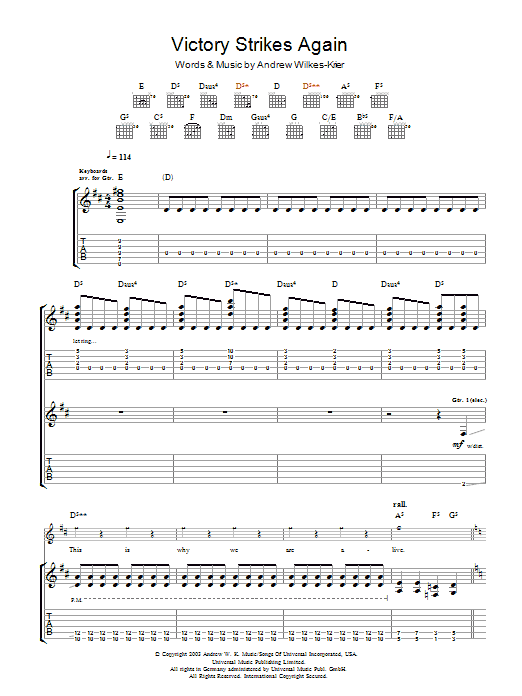 Preview Andrew WK Victory Strikes Again Rock sheet music, notes and chords for Guitar Tab, SKU: 48461 Download Andrew WK Victory Strikes Again sheet music and printable PDF score & Rock music notes