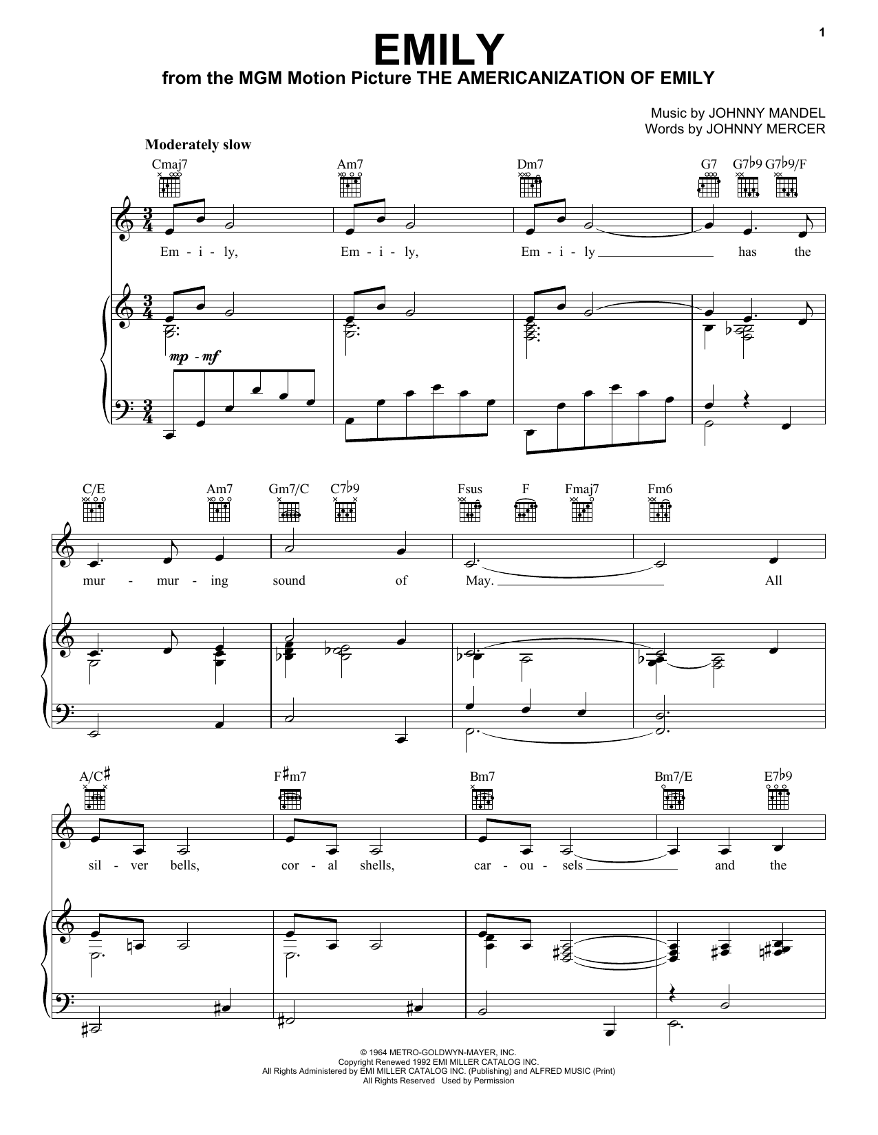 Download Andy Williams Emily sheet music and printable PDF score & Jazz music notes