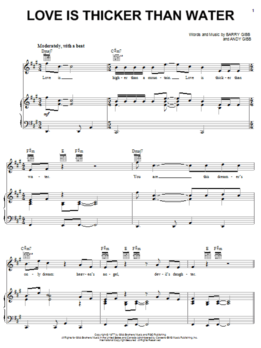 Preview Andy Gibb Love Is Thicker Than Water Pop sheet music, notes and chords for Piano, Vocal & Guitar (Right-Hand Melody), SKU: 51504 Download Andy Gibb Love Is Thicker Than Water sheet music and printable PDF score & Pop music notes