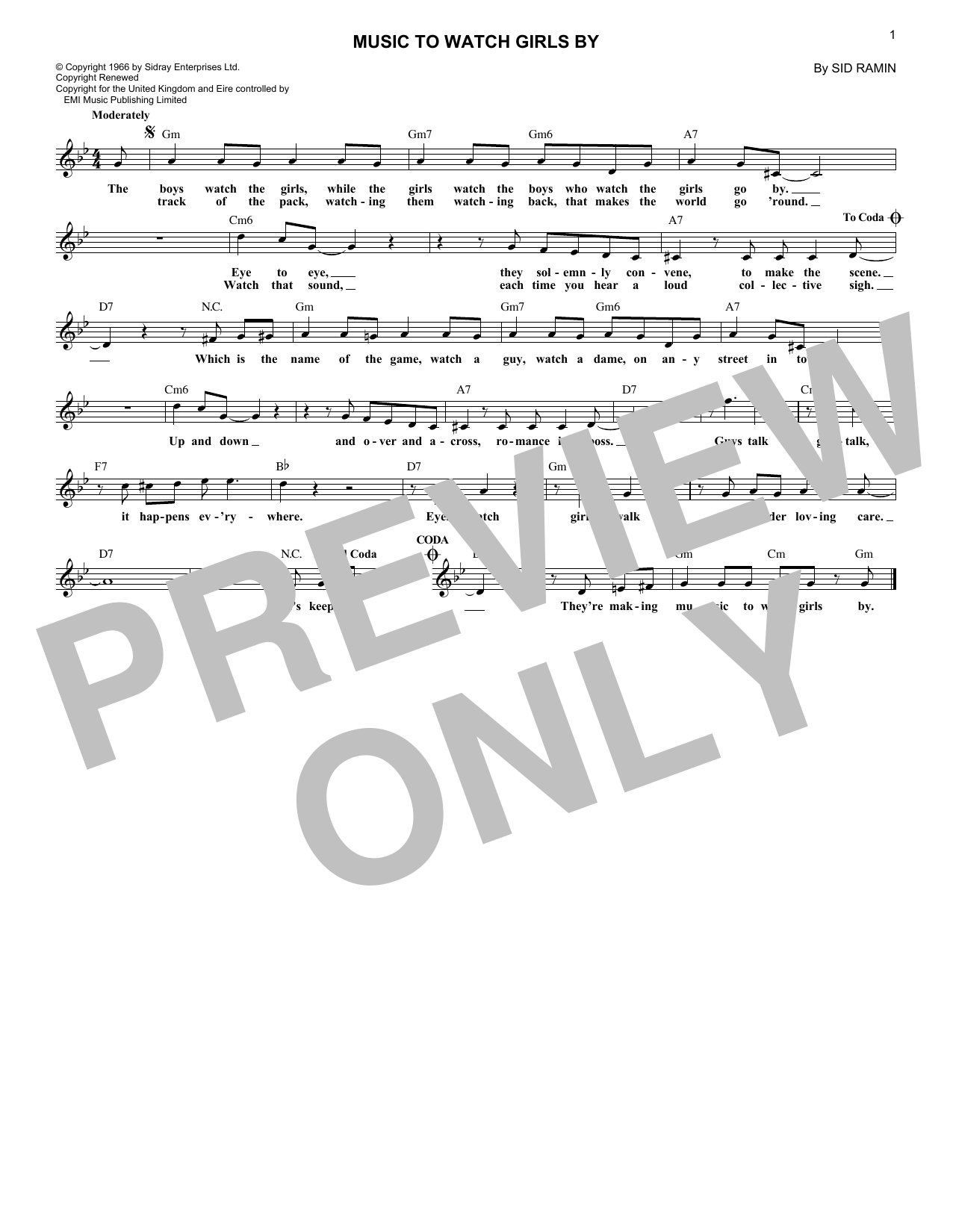 Download Andy Williams Music To Watch Girls By sheet music and printable PDF score & Pop music notes