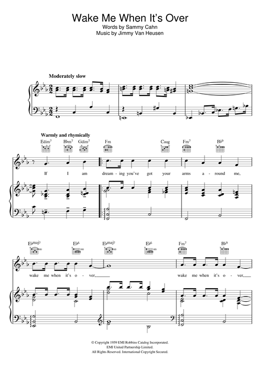 Preview Andy Williams Wake Me When It's Over Easy Listening sheet music, notes and chords for Piano, Vocal & Guitar (Right-Hand Melody), SKU: 121027 sheet music, piano notes, chords, guitar tabs, score, transpose, transcribe, how to play, guide, download, learn, tutorial, progression, song, artist, awards, billboard, mtv, vh1, tour, single, album, release