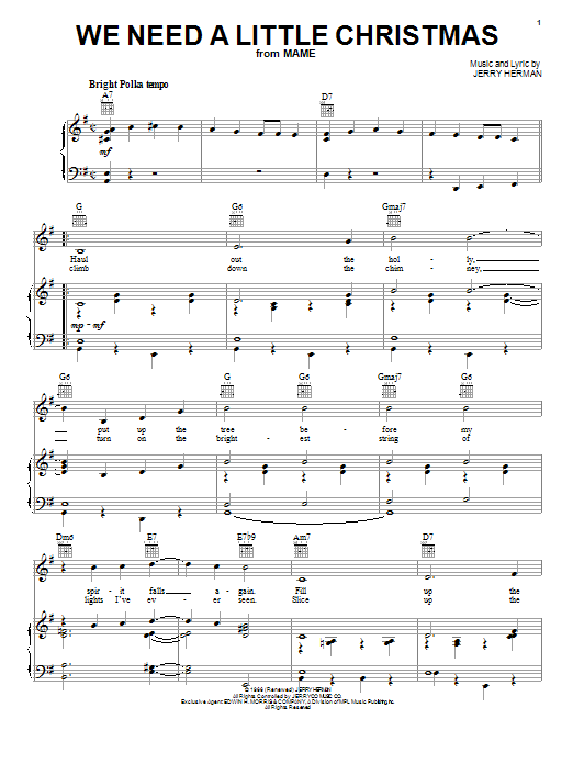 Preview Angela Lansbury We Need A Little Christmas Broadway sheet music, notes and chords for Educational Piano, SKU: 65908 Download Angela Lansbury We Need A Little Christmas sheet music and printable PDF score & Broadway music notes