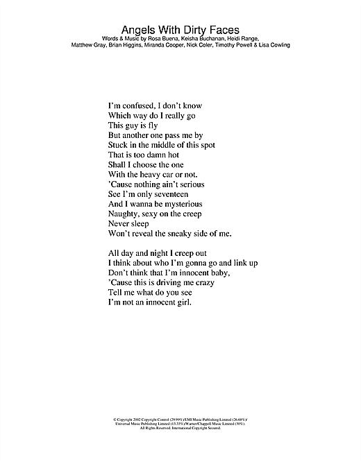 Preview Sugababes Angels With Dirty Faces R & B sheet music, notes and chords for Lyrics Only, SKU: 23736 sheet music, piano notes, chords, guitar tabs, score, transpose, transcribe, how to play, guide, download, learn, tutorial, progression, song, artist, awards, billboard, mtv, vh1, tour, single, album, release