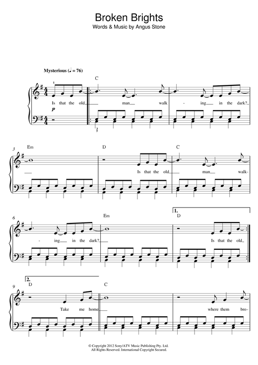 Angus Stone Broken Brights Sheet Music & Chords for Beginner Piano - Download or Print PDF