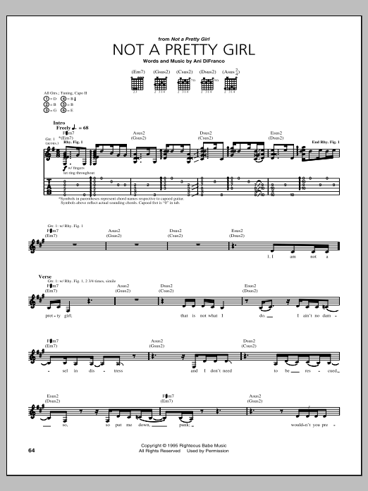 Download Ani DiFranco Not A Pretty Girl sheet music and printable PDF score & Rock music notes