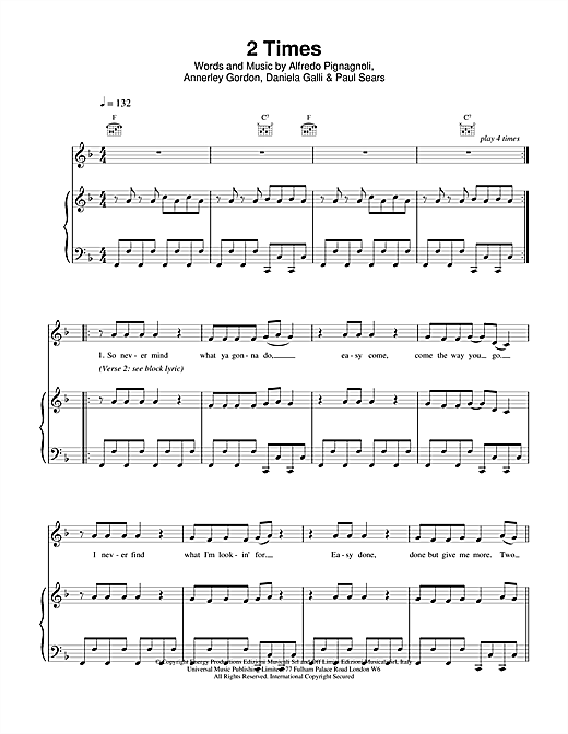 Preview Ann Lee 2 Times Pop sheet music, notes and chords for Piano, Vocal & Guitar (Right-Hand Melody), SKU: 13890 sheet music, piano notes, chords, guitar tabs, score, transpose, transcribe, how to play, guide, download, learn, tutorial, progression, song, artist, awards, billboard, mtv, vh1, tour, single, album, release